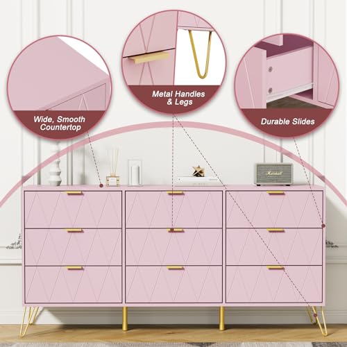 Pink 9 Drawer Dresser for Bedroom with Gold Handles, Long Dresser & Chest of Drawers with Deep Drawers, Modern Wood Dressers for Closet Living Room（Pink）