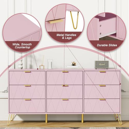Pink 9 Drawer Dresser for Bedroom with Gold Handles, Long Dresser & Chest of Drawers with Deep Drawers, Modern Wood Dressers for Closet Living Room（Pink）