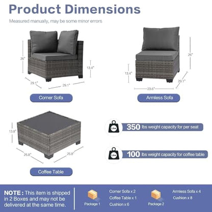 7-Piece Outdoor Rattan Sectional Sofa Set, Wicker Patio Furniture with Coffee Table, Grey Cushions, Patio Conversation Set for Your Villa, Balcony, Porch, Backyard