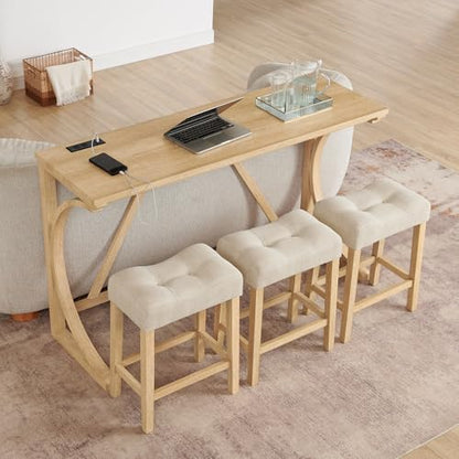 59" Dining Bar Table Set with Power Outlet, Behind Couch Sofa Table with 3 Padded Stools, 5 Piece Bar Table and Chairs Set for Living Room, Dining Room, Light Oak