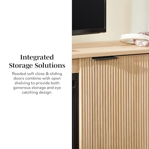 Chloe Reeded TV Stand with Fireplace Insert, 75 Inch, 70 Inch, Coastal Oak