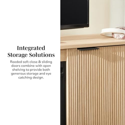 Chloe Reeded TV Stand with Fireplace Insert, 75 Inch, 70 Inch, Coastal Oak