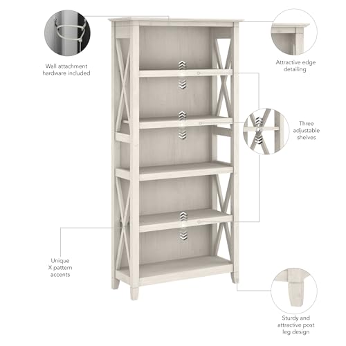 Tall 5 Shelf Bookcase for Living Room or Home Office, Large Bookshelf, Modern Farmhouse Style, Key West Collection, Linen White Oak