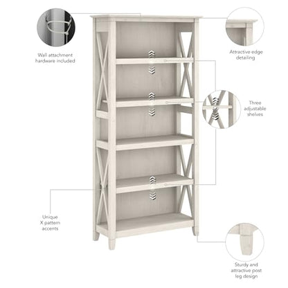 Tall 5 Shelf Bookcase for Living Room or Home Office, Large Bookshelf, Modern Farmhouse Style, Key West Collection, Linen White Oak