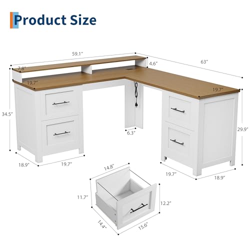 63" Wide L Shaped Executive Desk with 4 Drawers and Charging Station, view 3