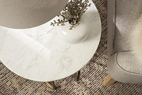 Solvay Round Metal and Marble Side Table; 16 x 16 x 24; White Marble and Antique Brass; Modern Glam Bedroom Nightstand Table with Premium Natural Marble Stone and Iron Base