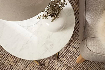 Solvay Round Metal and Marble Side Table; 16 x 16 x 24; White Marble and Antique Brass; Modern Glam Bedroom Nightstand Table with Premium Natural Marble Stone and Iron Base