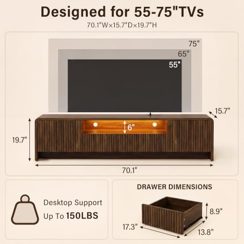 70" Fluted TV Stand for 75" TVs, LED Media Console with Storage, view 3