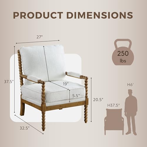 Dedee Mid Century Modern Boucle Fabric Accent Chair with Arms, Wide Spindle and Solidwood Legs for Living Room, Bedroom, Reading Corner, Home Office, Light Oak and White