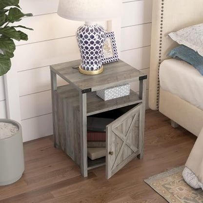 Farmhouse Nightstand Set of 2 with Storage, Rustic End Table, Grey, view 5