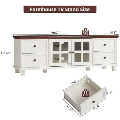 Farmhouse TV Stand with Glass Doors for Living Room, White, view 3