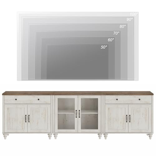 Farmhouse TV Stand for 100 Inch TV, 3-in-1 TV Console Table for 75/80/85/90 Inch TV, Entertainment Center with Glass & Wood Door, Kitchen Sideboard Buffet Cabinet for Living Room, Rustic White