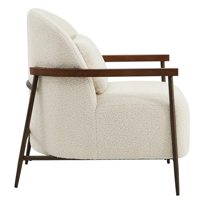 CHITA Accent Chair for Living Room, FSC Certified Modern Upholstered Faux Sherpa Fabric Armchair with Metal Frame and Wooden Armrests, Ivory
