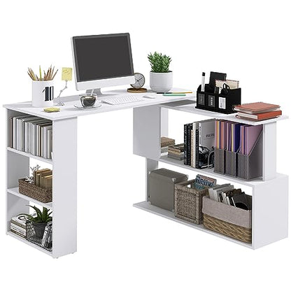 47 Inch L Shaped Desk, Corner Computer Desk, 360 Degree Rotating Home Office Desk with Storage Shelves, Writing Table Workstation, White