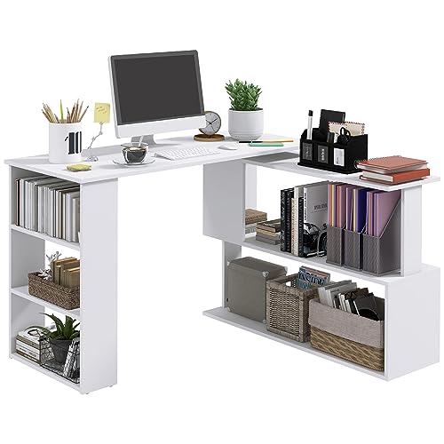 47 Inch L Shaped Desk, Corner Computer Desk, 360 Degree Rotating Home Office Desk with Storage Shelves, Writing Table Workstation, White