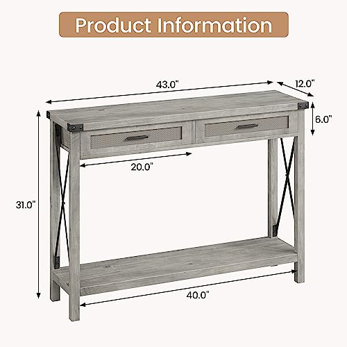 Farmhouse Entryway Table, Grey Console Table with Rattan Drawers, 43" Sofa Table with Storage, Console Tables for Entryway, Living Room, Hallway, Foyer-Grey