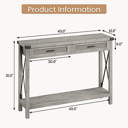 Farmhouse Entryway Table, Grey Console Table with Rattan Drawers, 43" Sofa Table with Storage, Console Tables for Entryway, Living Room, Hallway, Foyer-Grey