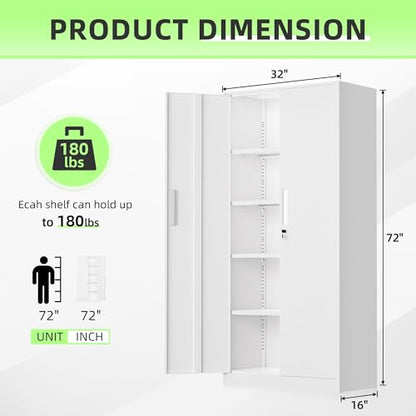 Crownland 72" Metal Storage Cabinet, Lockable Garage Storage Cabinets, High Office Cabinet with Adjustable Shelves for Home Office, Pantry, Garage, Classroom, File(White-Narrow Size)