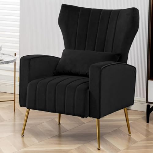 Accent Chair,Wingback Armchair for Living Room, HighBack Reading Chair with Golden Metal Legs Lumbar Pillow,Upholstered Single Sofa for Bedroom, Apartment, Small Spaces Velvet Black