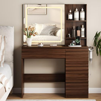 Makeup Vanity Desk with Lights, Fluted Vanity with 4 Drawers, Open Shelves, view 7