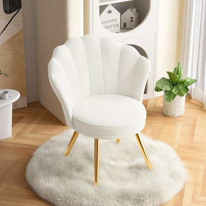 Velvet Accent Chair with Gold Metal Legs, Vanity Chair for Makeup Room, Upholstered Guest Chair for Living Room, for Bedroom, White