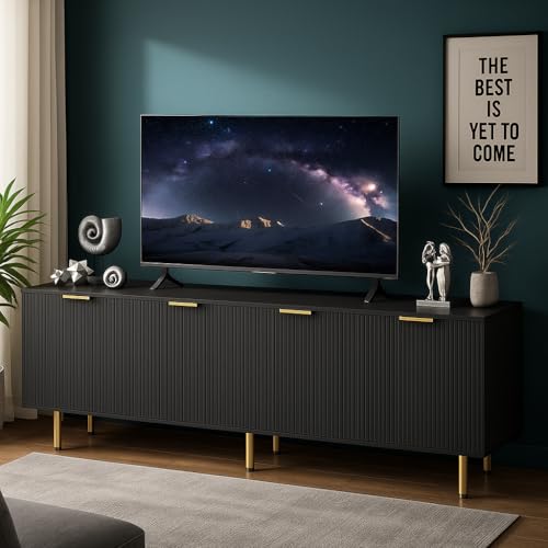 TV Stand for 80 Inch TV, Fluted TV Stand for Living Room, Mid Century Modern TV Stand with Adjustable Shelf, TV Entertainment Center with Storage for Bedroom, 70Inch, Black