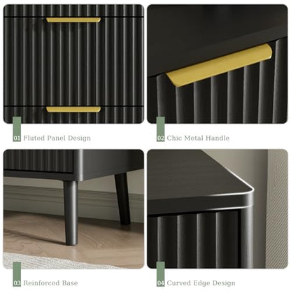 Fluted Dresser and Nightstand Sets 3 Piece, 6-Drawers Dresser and 1-Drawer Nightstands Set of 2, Wood Bedroom Furniture Set for Home, Bedroom, Hallway, Black