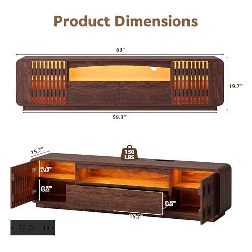 63" TV Stand with Storage, Mid Century Modern TV Console Walnut, view 3