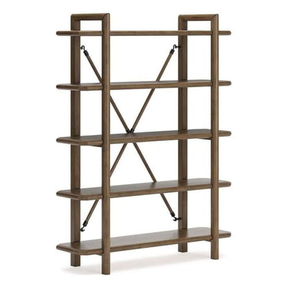 71 in Home Office Bookcase, Brown Oak Finish, Hardwood Solids and Veneer, 5 Open Shelves, Sturdy Vertical Storage, Metal Back Brace, Stylish Display for Books, Plants, Photos, Living Room