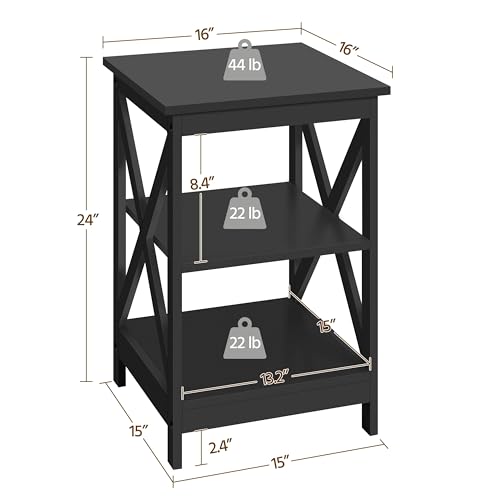 Yaheetech Black End Table Set of 2, 16x16x24 in Sturdy 3-Tier Side Tables with Storage Shelf & Solid Wood Legs, 2Pcs X-Design Modern Sofa Side Table for Living Room Office, Easy Assembly