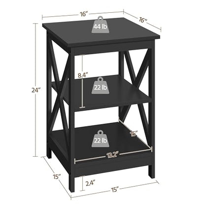 Yaheetech Black End Table Set of 2, 16x16x24 in Sturdy 3-Tier Side Tables with Storage Shelf & Solid Wood Legs, 2Pcs X-Design Modern Sofa Side Table for Living Room Office, Easy Assembly