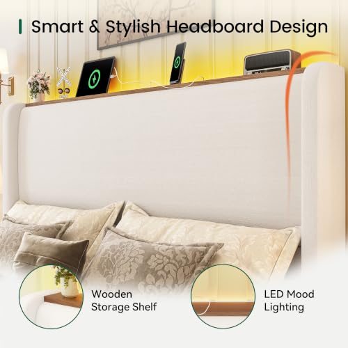 Queen Size Bed Frame with LED Lights and Charging Station Linen Upholstered, view 6