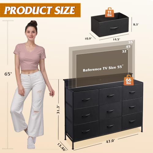 Dresser TV Stand with LED Lights & Outlets, 9 Fabric Drawers, Black, view 5