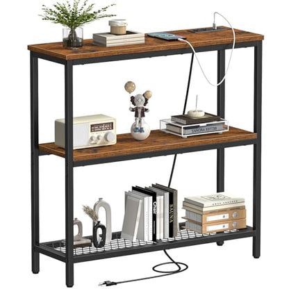 Console Table with Power Outlets, Entryway Table with Storage, Narrow Sofa Table with 3 Tier Shelves, 2 USB Ports, 2 Power Outlets, Hallway Table for Couch, Living Room, Entrance