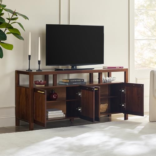 Isla Modern Solid Wood TV Stand with Tempered Glass Top and Shadow Box Shelf, 58 Inch, Walnut
