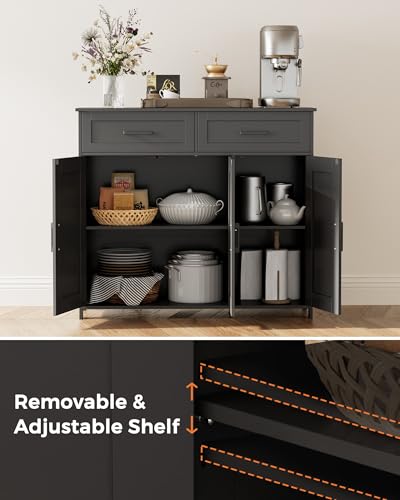 Sideboard Buffet Cabinet, Coffee Bar Storage Cabinet with Drawers and Doors, Farmhouse Kitchen Cabinet with Adjustable Shelves, for Kitchen, Dining Room, Living Room, Black