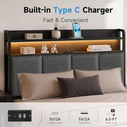 King Upholstered Metal Platform Bed Frame with RGB LED & Charging, view 6
