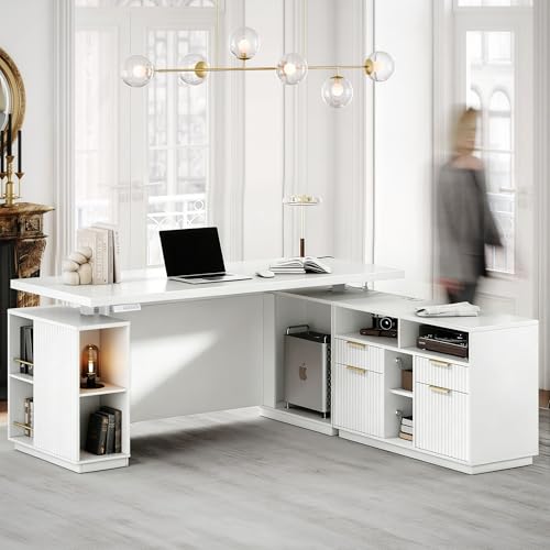 70 Inch Executive Standing Desk with File Cabinet, L Shaped Electric Height Adjustable Desk with AC/USB and Privacy Panel, Computer Corner Table for Home Office, White