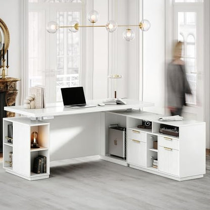 70 Inch Executive Standing Desk with File Cabinet, L Shaped Electric Height Adjustable Desk with AC/USB and Privacy Panel, Computer Corner Table for Home Office, White