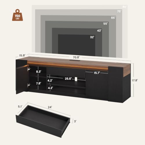 71" Modern LED TV Stand, Multi-Tier Storage TV Stand with Storage, view 3