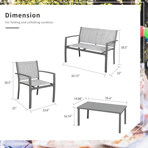 4 Pieces Patio Furniture Set All Weather Textile Fabric Outdoor Conversation Set, with Glass Coffee Table, Loveseat, 2 Single Chairs for Home, Garden, Lawn, Porch（Silver）
