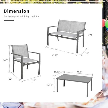 4 Pieces Patio Furniture Set All Weather Textile Fabric Outdoor Conversation Set, with Glass Coffee Table, Loveseat, 2 Single Chairs for Home, Garden, Lawn, Porch（Silver）