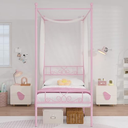 Twin Canopy Bed Frame with Headboard, Metal Twin Beds for Kids, Pink, view 5