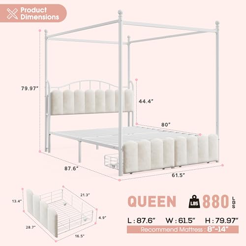 Queen Size Canopy Bed Frame with 2 Drawers and LED & Charging,White, view 4