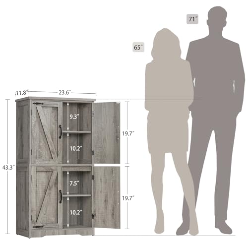 Farmhouse Storage Cabinet with 2 Adjustable Shelves, Bathroom Cabinet with 4 Doors, Cupboard for Kitchen, Living Room, Rustic Gray