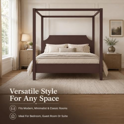 King Size Wooden Canopy Bed Frame Walnut Vintage Rustic, view 5