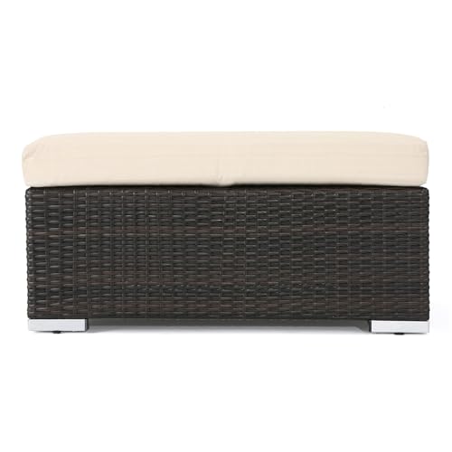Outdoor Wicker Ottoman with Cushion for Stylish Patio Furniture, Versatile Garden Footrest or Extra Seating, Comfortable and Durable, Beige