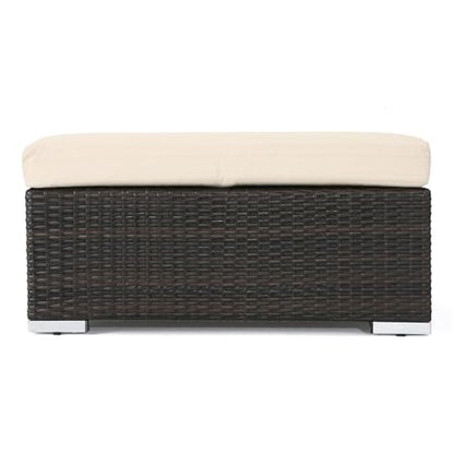 Outdoor Wicker Ottoman with Cushion for Stylish Patio Furniture, Versatile Garden Footrest or Extra Seating, Comfortable and Durable, Beige