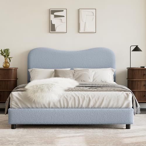 Queen Bed Frame with Boucle Fabric, Blue, view 5