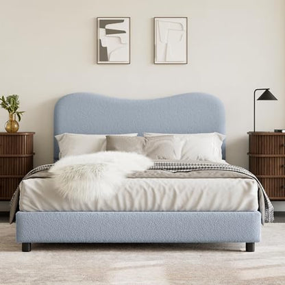 Queen Bed Frame with Boucle Fabric, Blue, view 5